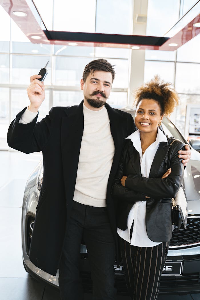 Interracial couple celebrating new car purchase at dealership, holding car keys happily.